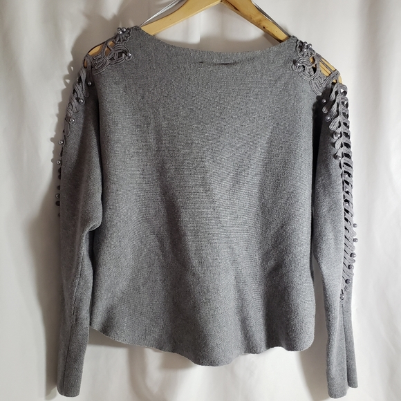 Anthro Ember Gray Sweater with Embroidered Cut Outs & Pearls Sleeve - Picture 10 of 12